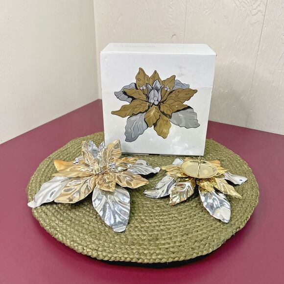 Set Of 2 Department 56 Painted Metal Poinsettia Candle Stick Holder #8016 - Picture 1 of 9